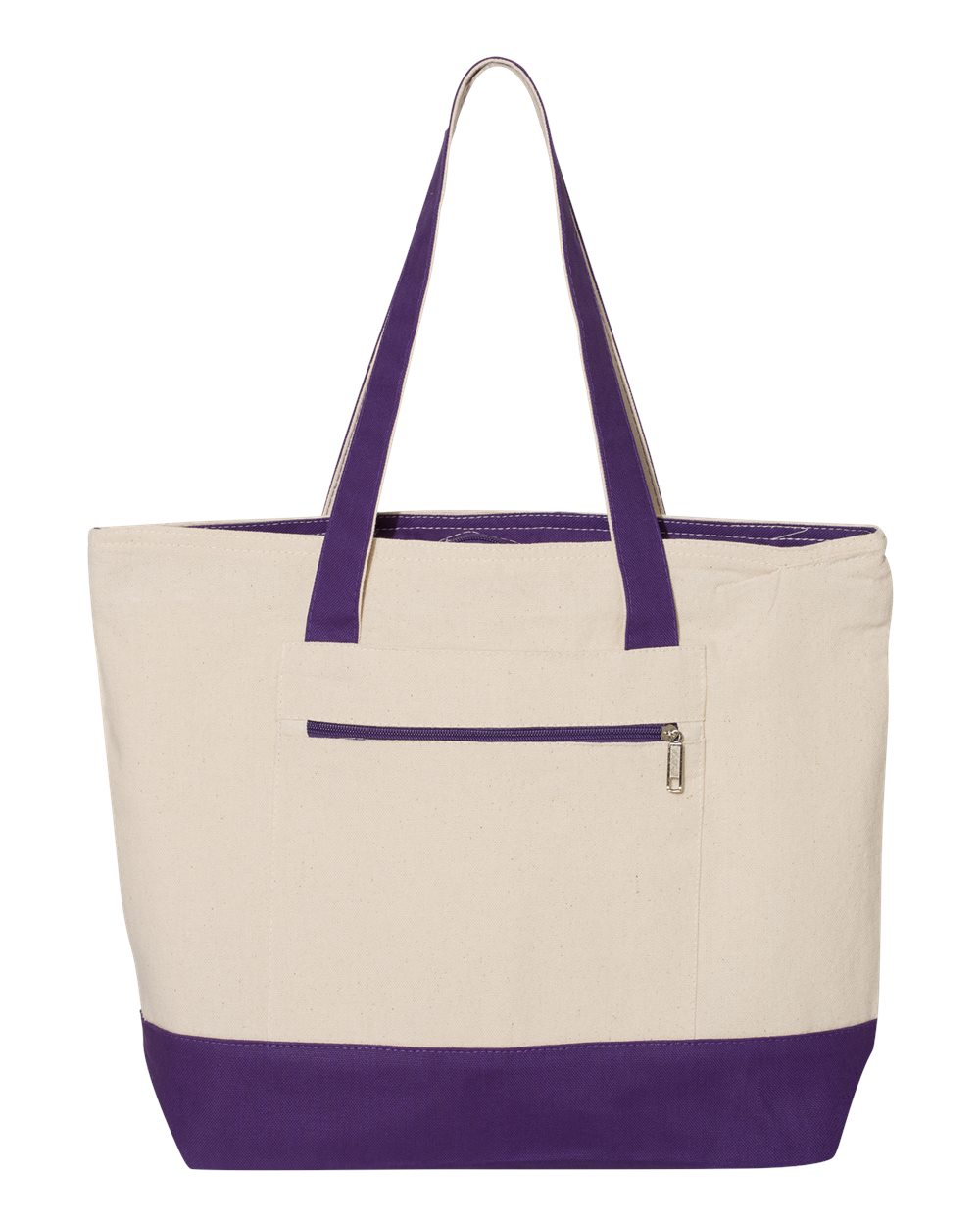 Front View of Natural/ Purple 19L Zippered Tote - Q1300