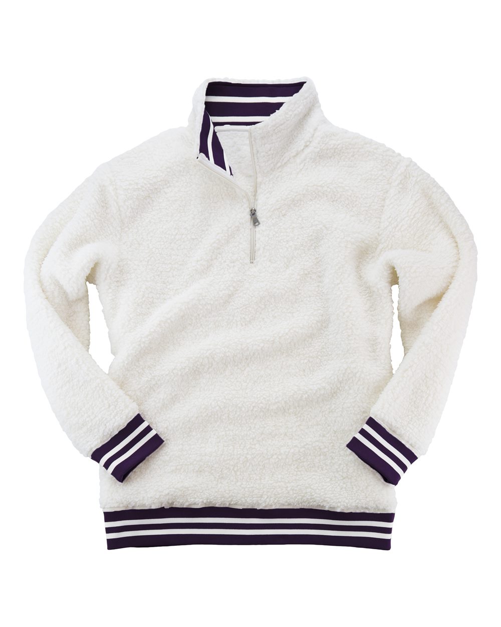 Front View of Natural/ Purple Varsity Sherpa Quarter-Zip Pullover - Q20