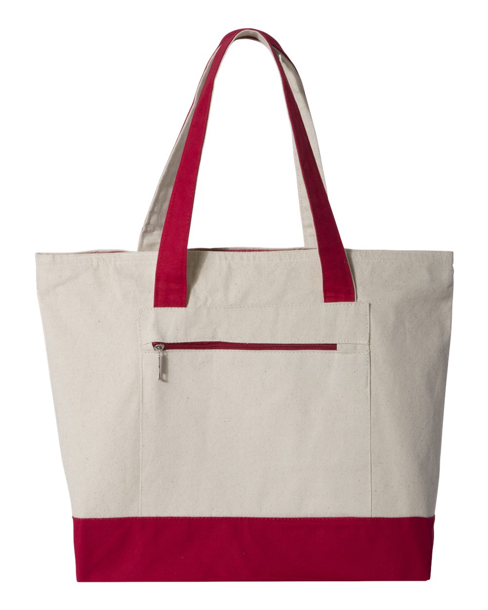 Front View of Natural/ Red 19L Zippered Tote - Q1300