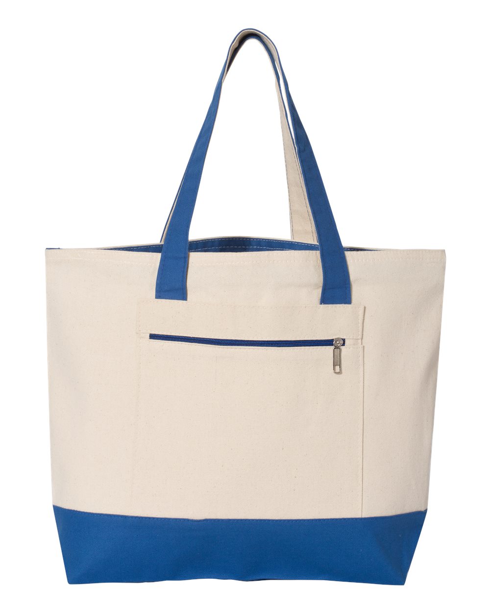 Front View of Natural/ Royal 19L Zippered Tote - Q1300