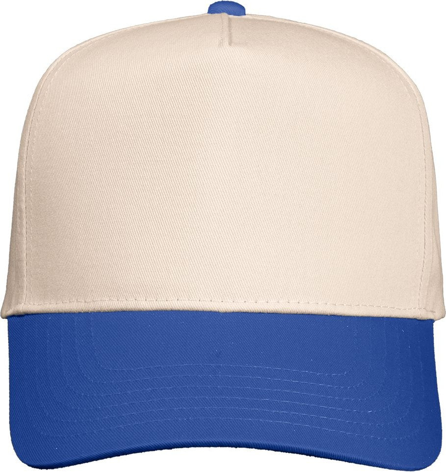 Front View of Natural/ Royal Five-Panel Twill Cap - 8869