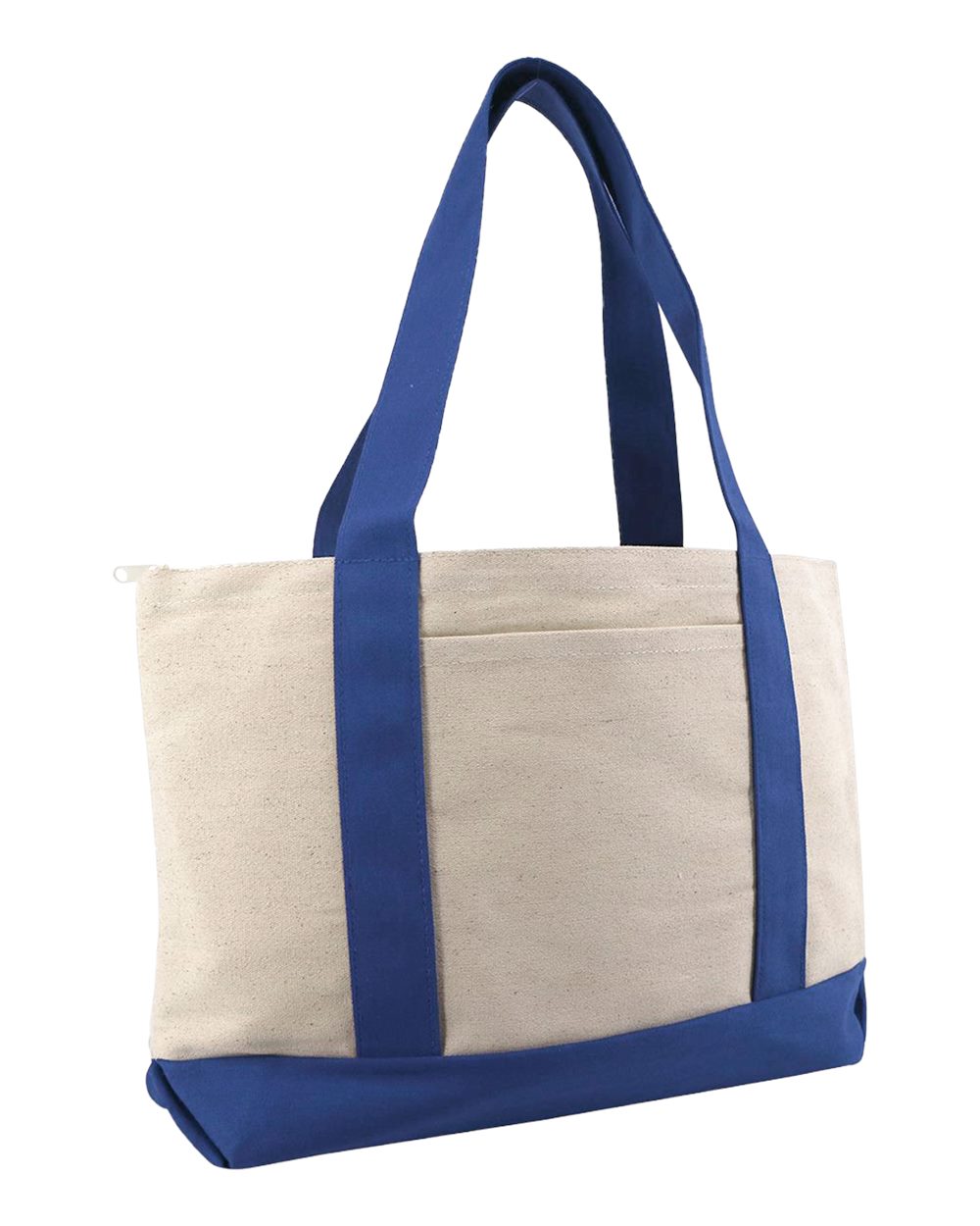 Front View of Natural/ Royal Large Zippered Cotton Canvas Tote - 8862