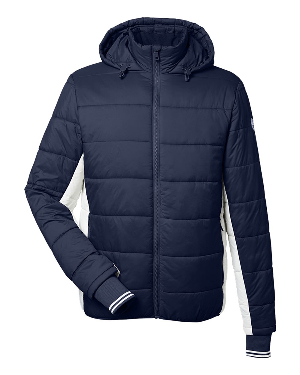 Front View of Navy/ Antique White Nautical Mile Hooded Puffer Jacket - N17186