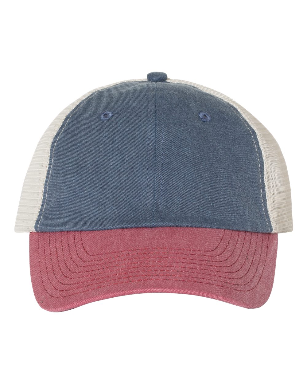 Front View of Navy/ Cardinal/ Stone Pigment-Dyed Trucker Cap - SP510