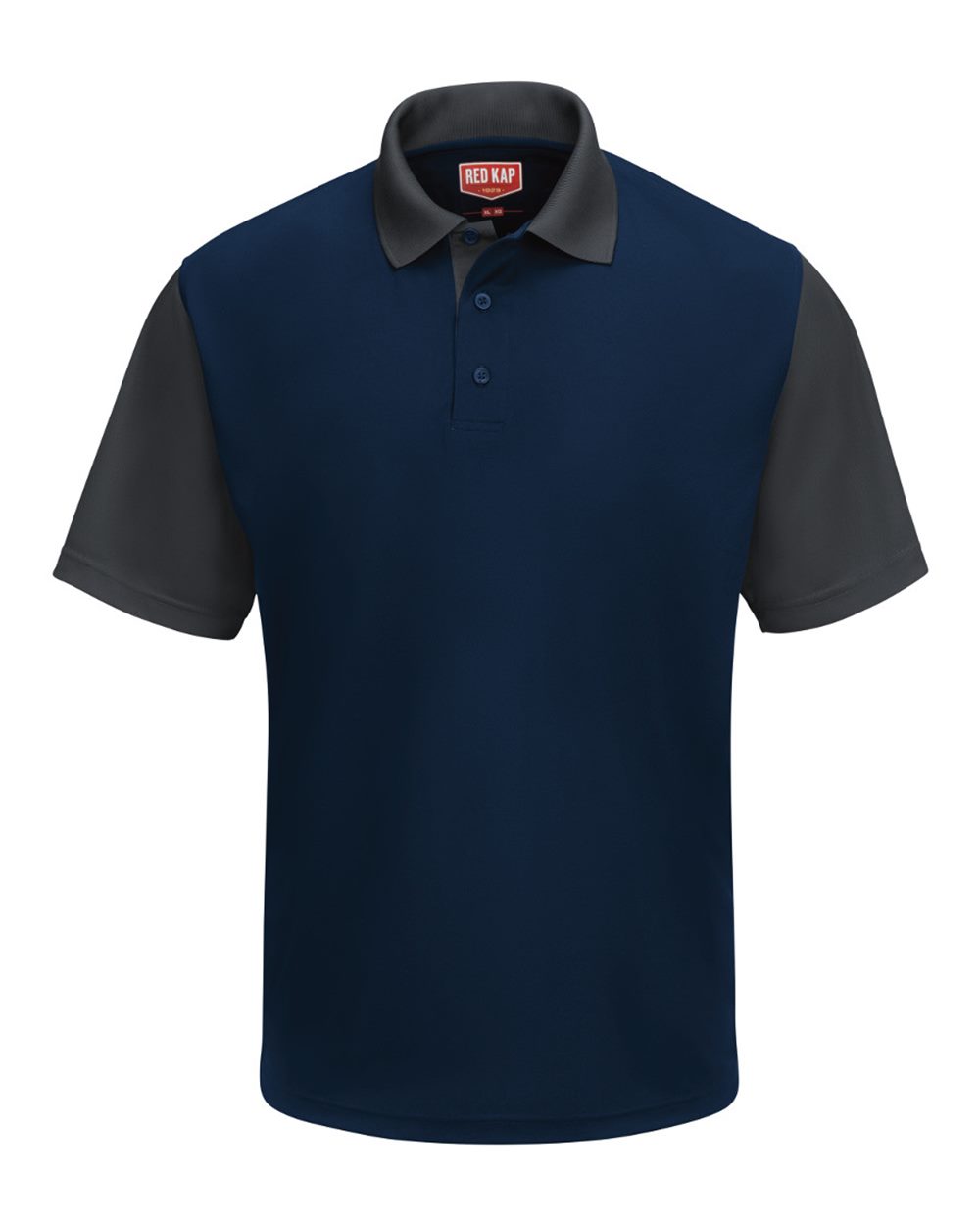 Front View of Navy/ Charcoal Short Sleeve Performance Knit Color-Block Polo - SK56