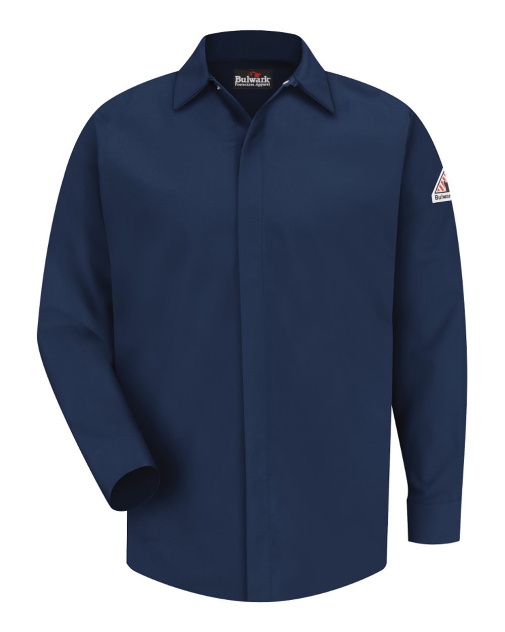 Front View of Navy Concealed-Gripper Pocketless Work Shirt - SLS2 plain