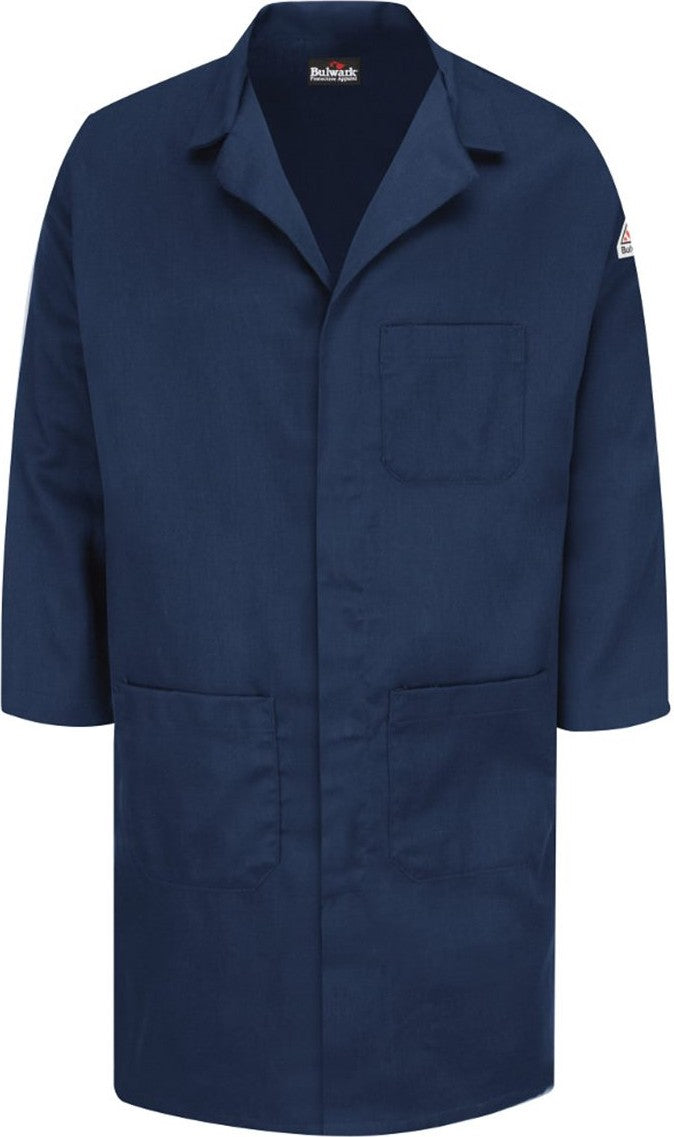 Front View of Navy Concealed Snap Front Lab Coat - EXCEL FR® ComforTouch® - 6 oz. - KLL6