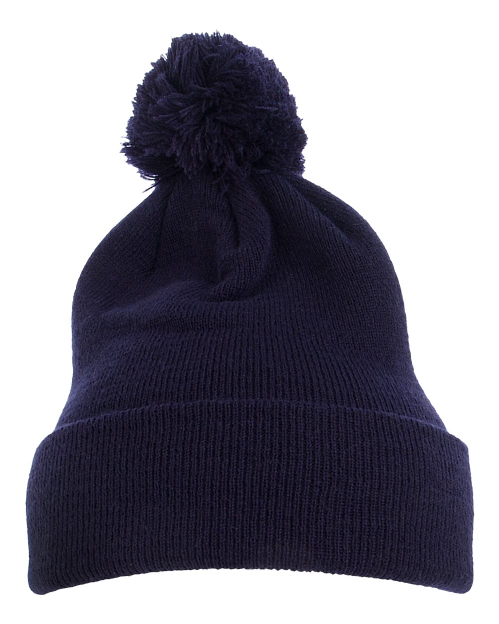 Front View of Navy Cuff Knit Beanie w Pom - 1501P