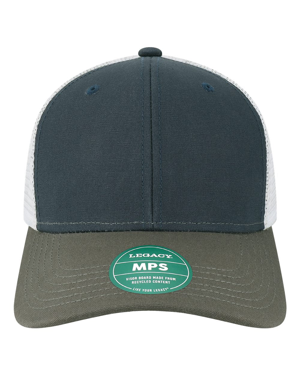 Front View of Navy/ Dark Grey/ Silver Mid-Pro Snapback Trucker Cap - MPS