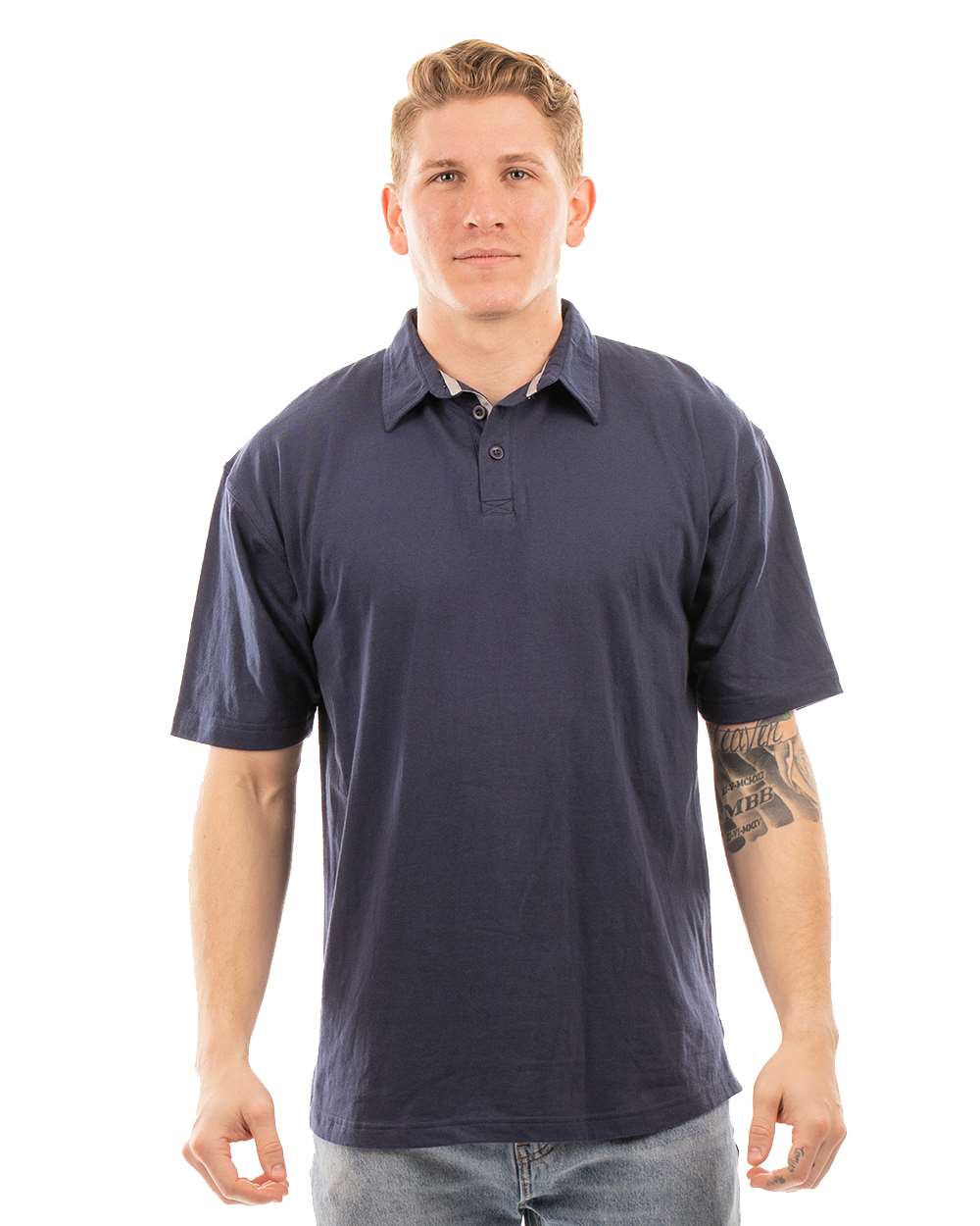 Front View of Heather Navy Fader Play Polo - 0800