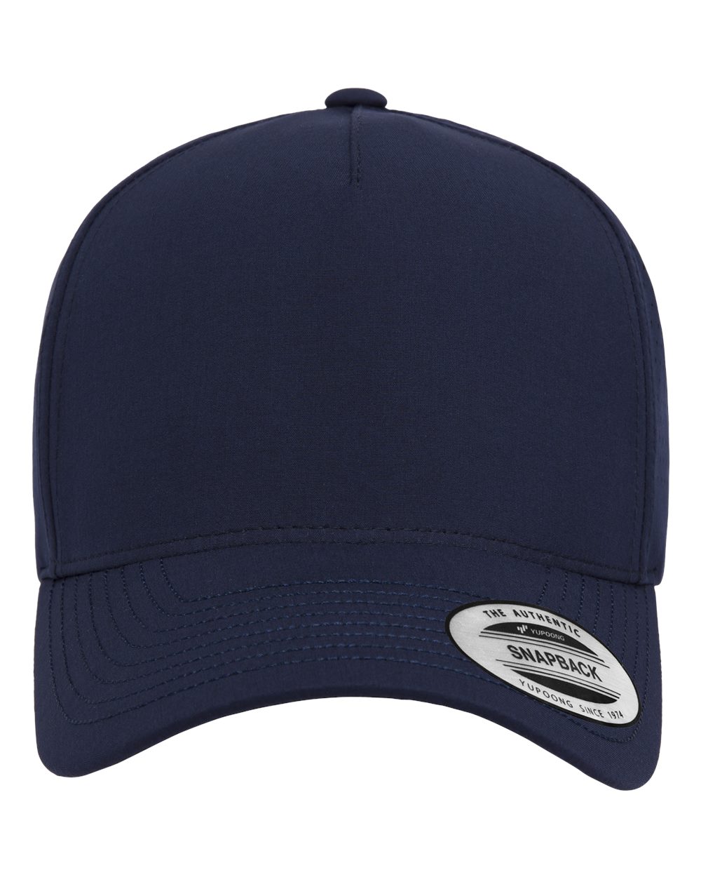 Front View of Navy Five-Panel Snapback with Perforated Cap - 5389AP