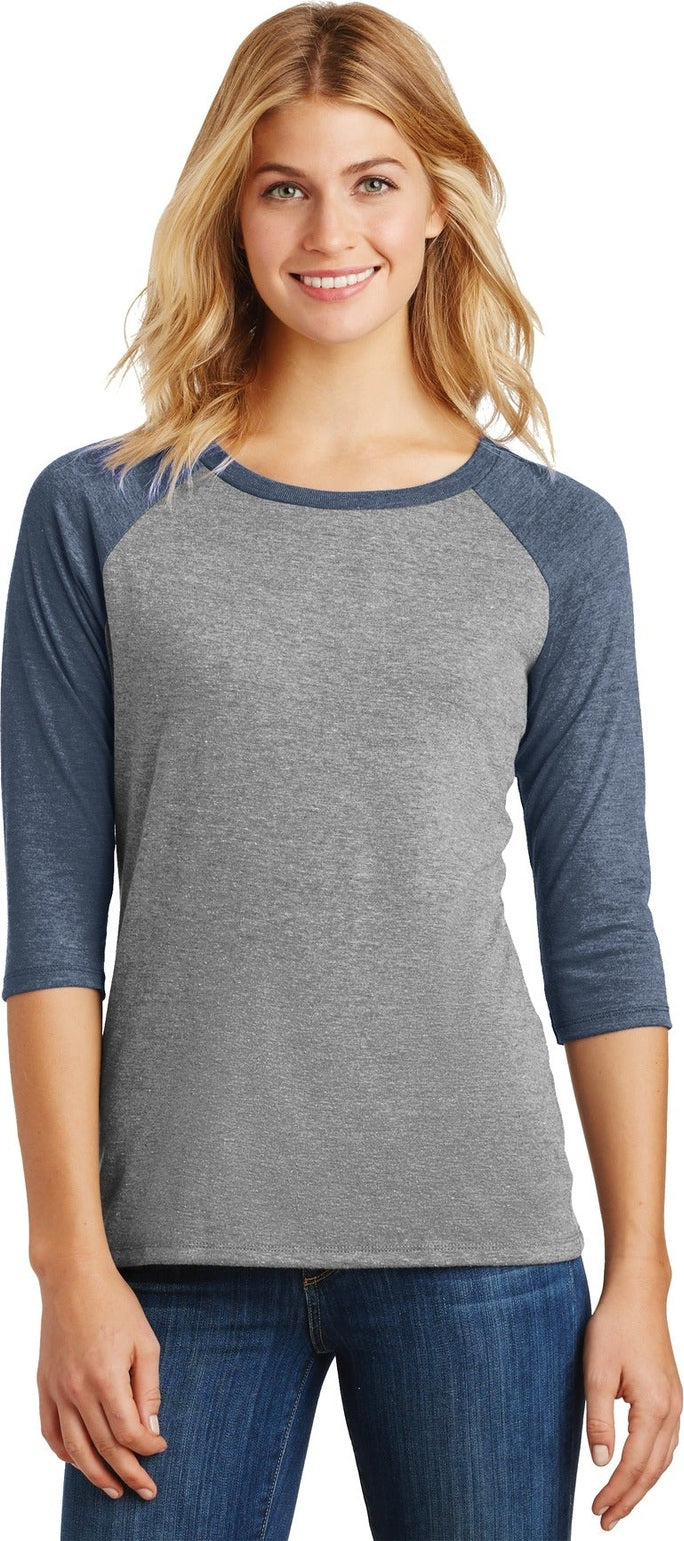 Front View of Navy Fr/Gry Fr District Women's Perfect Tri 3/4-Sleeve Raglan. DM136L