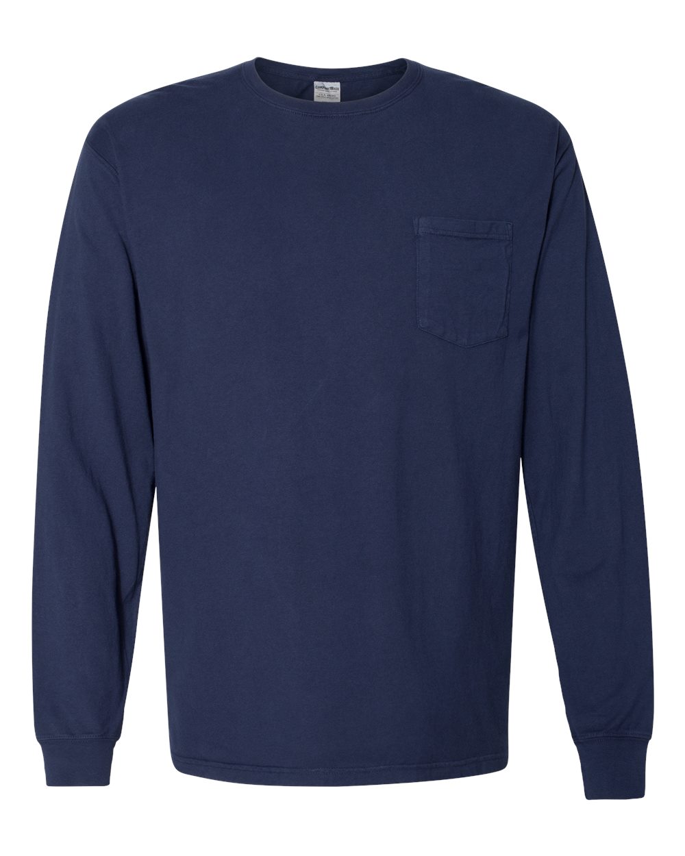 Front View of Navy Garment-Dyed Long Sleeve T-Shirt With a Pocket - GDH250