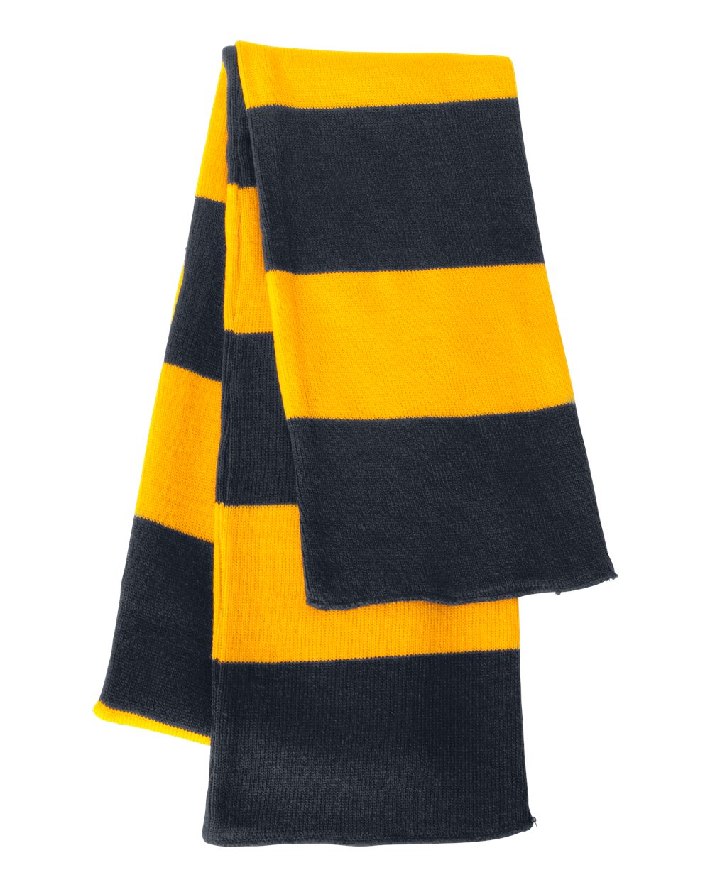 Front View of Navy/ Gold Rugby-Striped Knit Scarf - SP02