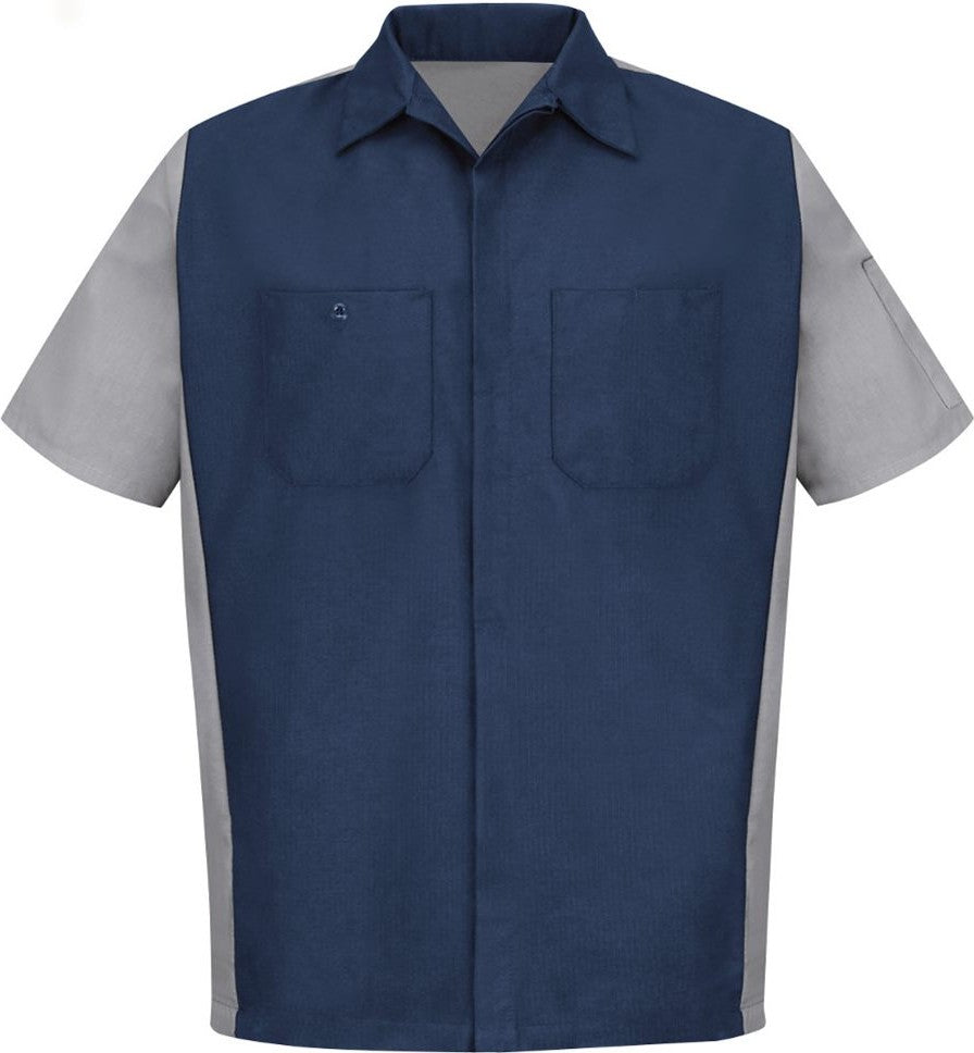 Front View of Navy/ Grey Short Sleeve Automotive Crew Shirt - Tall Sizes - SY20T