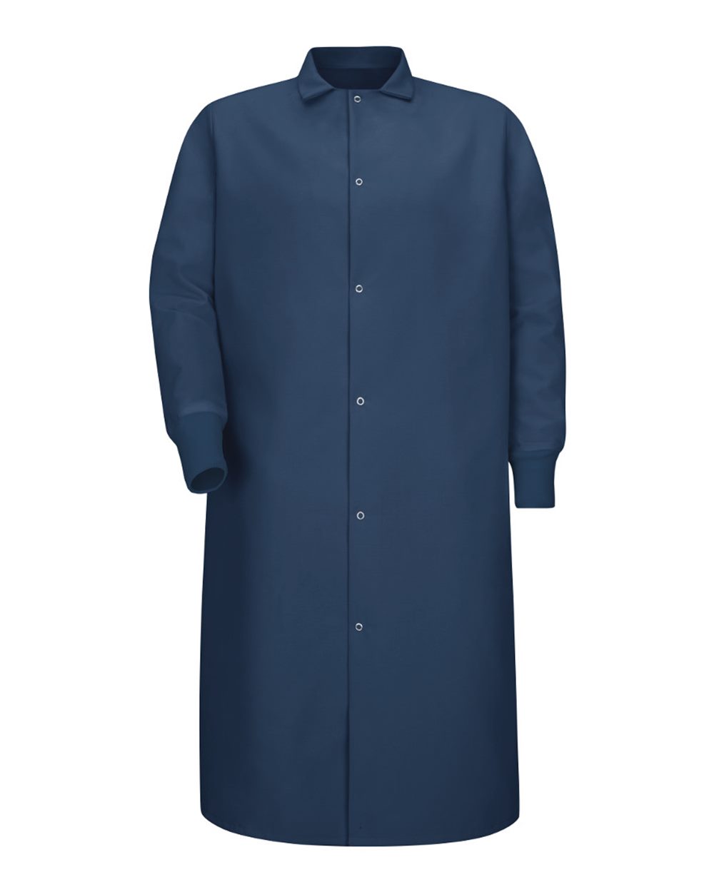 Front View of Navy Gripper-Front Pocketless Butcher Coat With Knit Cuffs - KS60