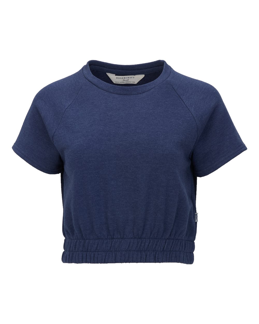 Front View of Navy Heather Women's French Terry Short Sleeve Cropped Crewneck Sweatshirt - BW2103