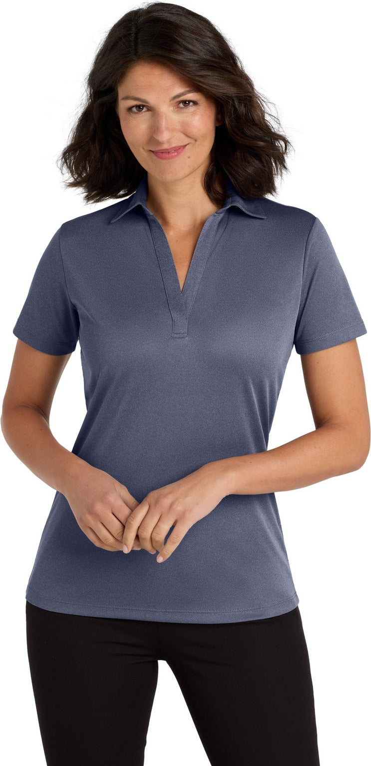 Front View of Navy Hthr Port Authority Women's Heathered Silk Touch Performance Polo. LK542