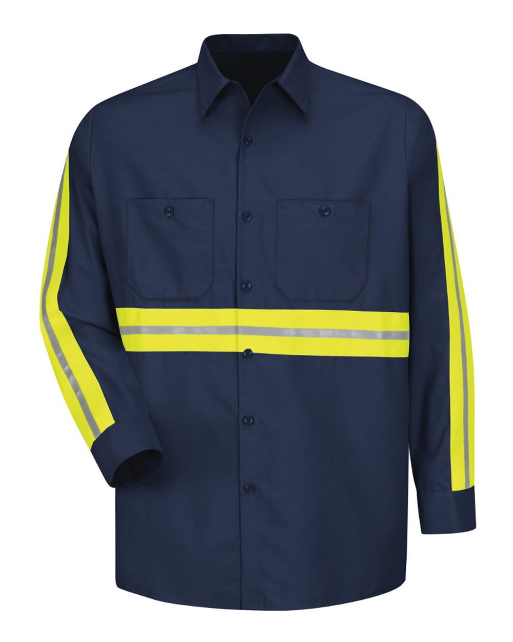 Front View of Navy Industrial Enhanced-Visibility Long Sleeve Work Shirt - SP14E