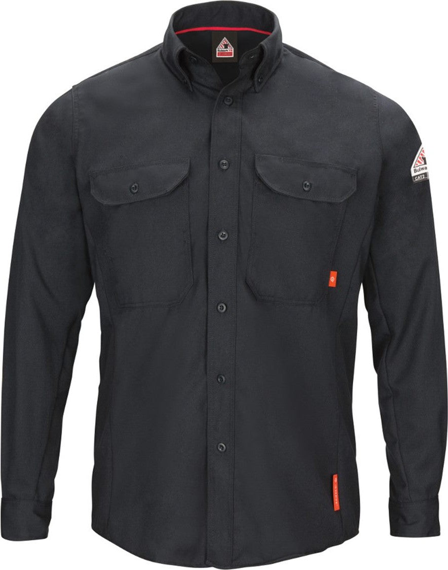 Front View of Navy iQ Series® Long Sleeve Comfort Woven Lightweight Shirt - QS50