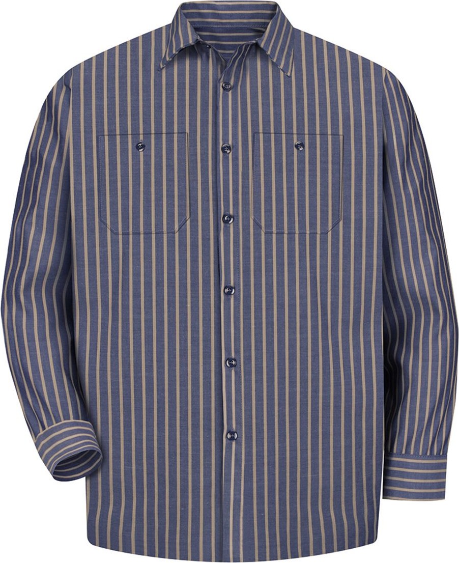 Front View of Navy/ Khaki Stripe Industrial Long Sleeve Work Shirt - Tall Sizes - SP14T
