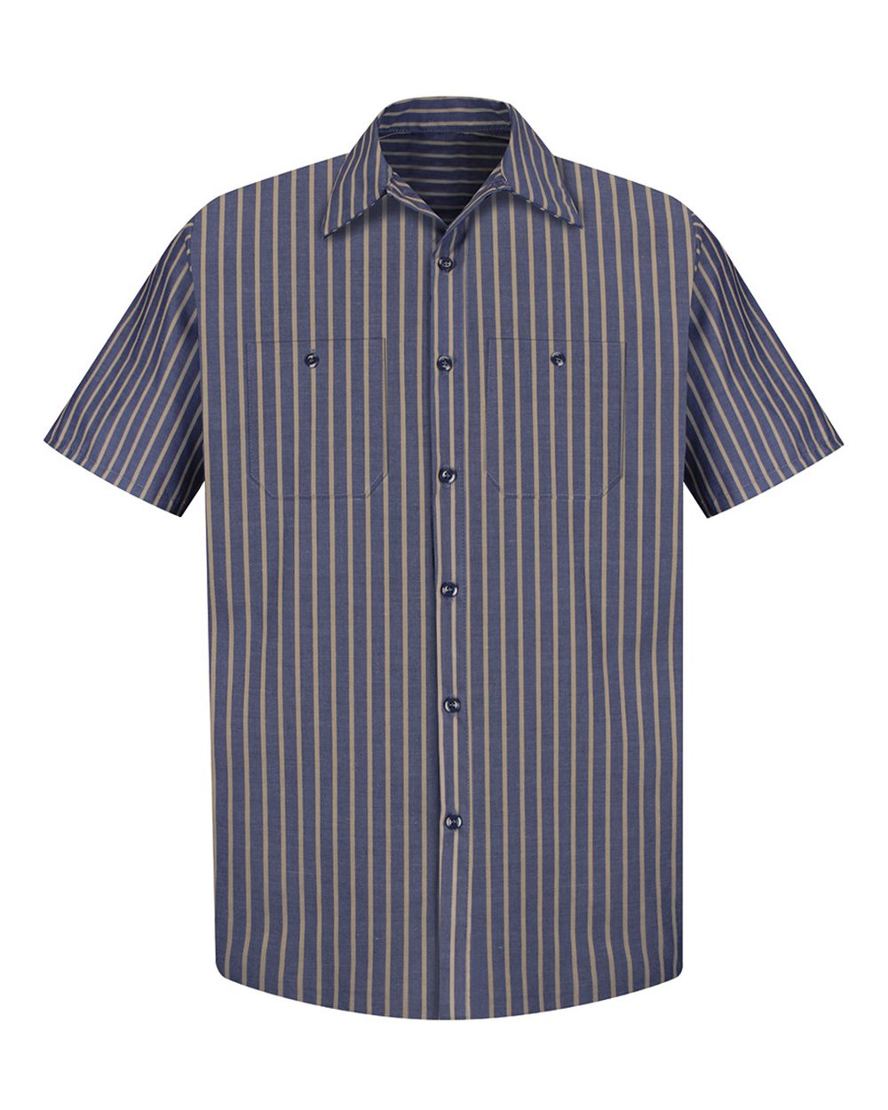 Front View of Navy/ Khaki Stripe Industrial Short Sleeve Work Shirt - SP24