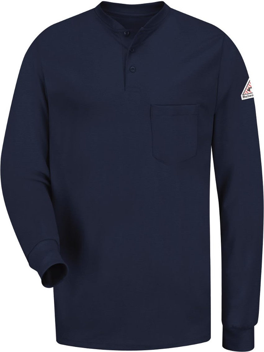 Front View of Navy Long Sleeve Tagless Henley Shirt - SEL2