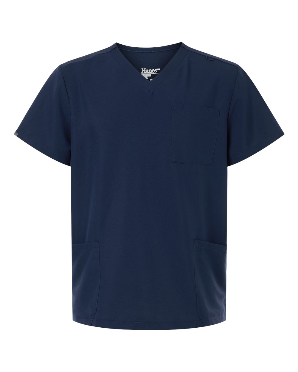 Front View of Navy Men's V-Neck 3 Pocket Scrub Top - HMB002 plain