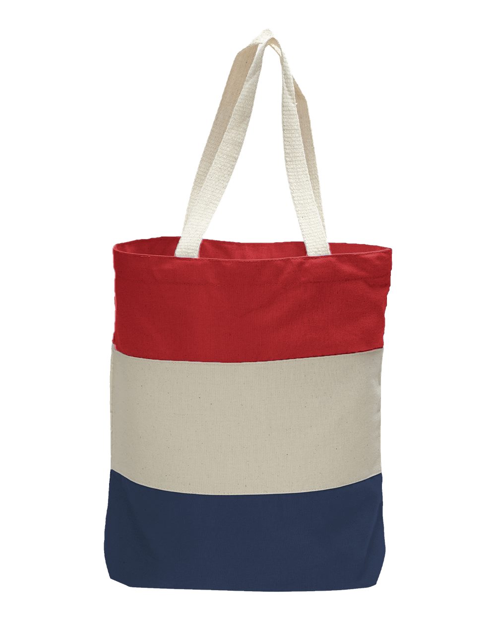 Front View of Navy/ Natural/ Red 11L Tri-Color Tote - Q125900
