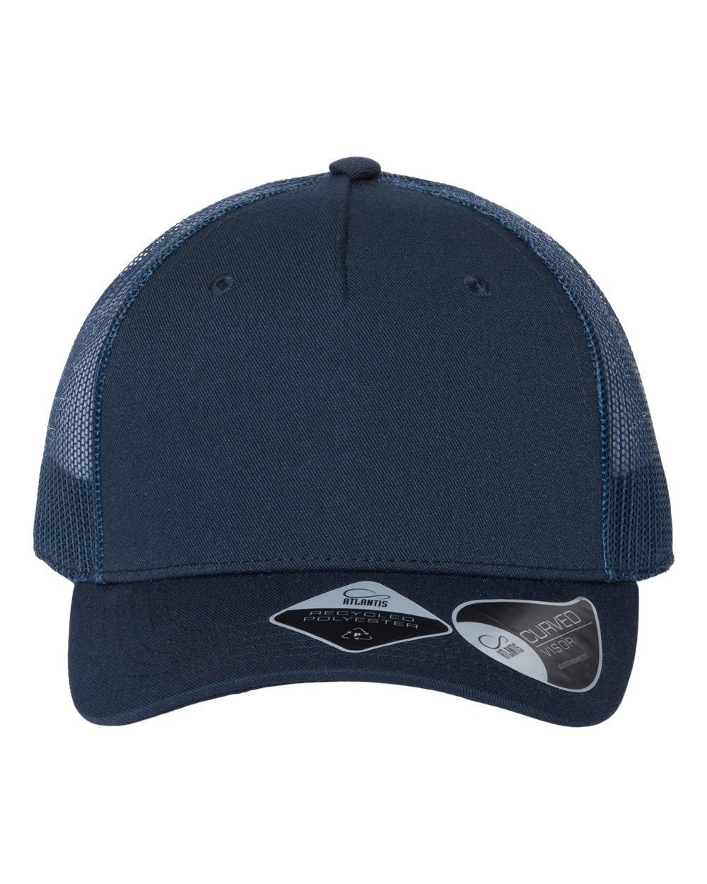 Front View of Navy/ Navy Sustainable Five-Panel Trucker Cap - ZION