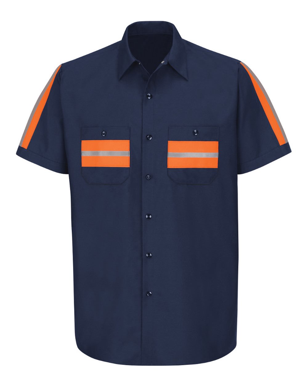 Front View of Navy/ Orange Trim Enhanced Visibility Industrial Work Shirt - SP24E