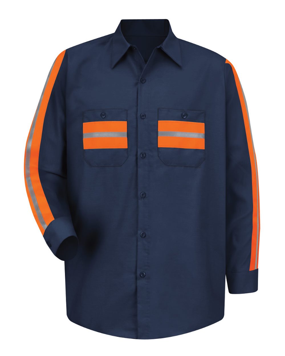 Front View of Navy/ Orange Trim Industrial Enhanced-Visibility Long Sleeve Work Shirt - SP14E