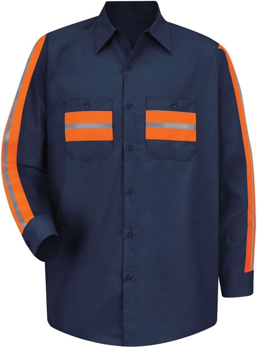 Front View of Navy/ Orange Trim Industrial Enhanced-Visibility Long Sleeve Work Shirt - Tall Sizes - SP14ET