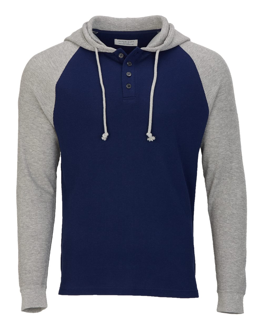 Front View of Navy/ Oxford Heather Unisex Waffle Knit Pullover Hooded Long Sleeve T-Shirt - BM3702