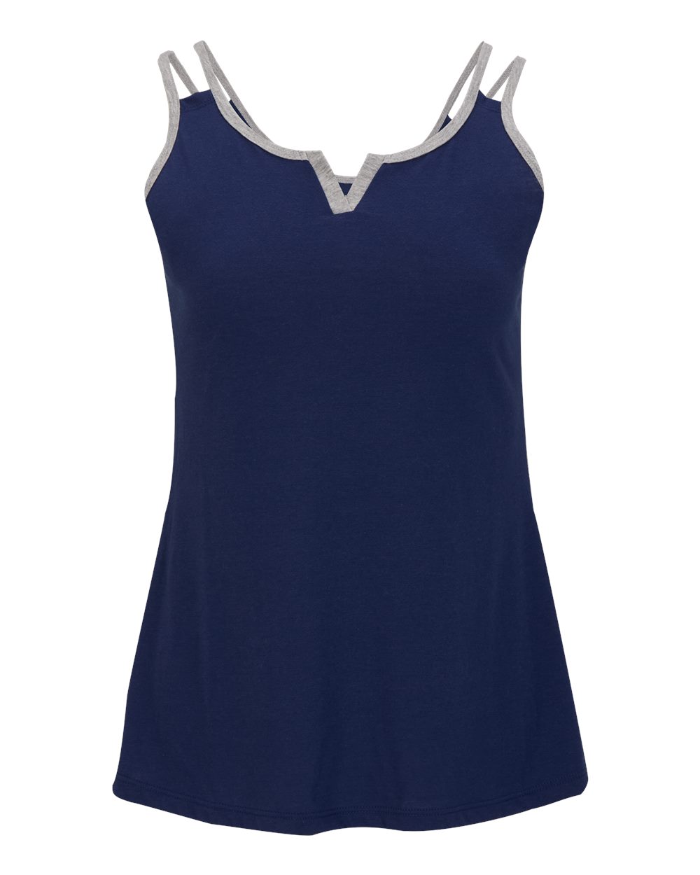 Front View of Navy/ Oxford Heather Women&#39;s Split Shoulder Tank Top - BW2506