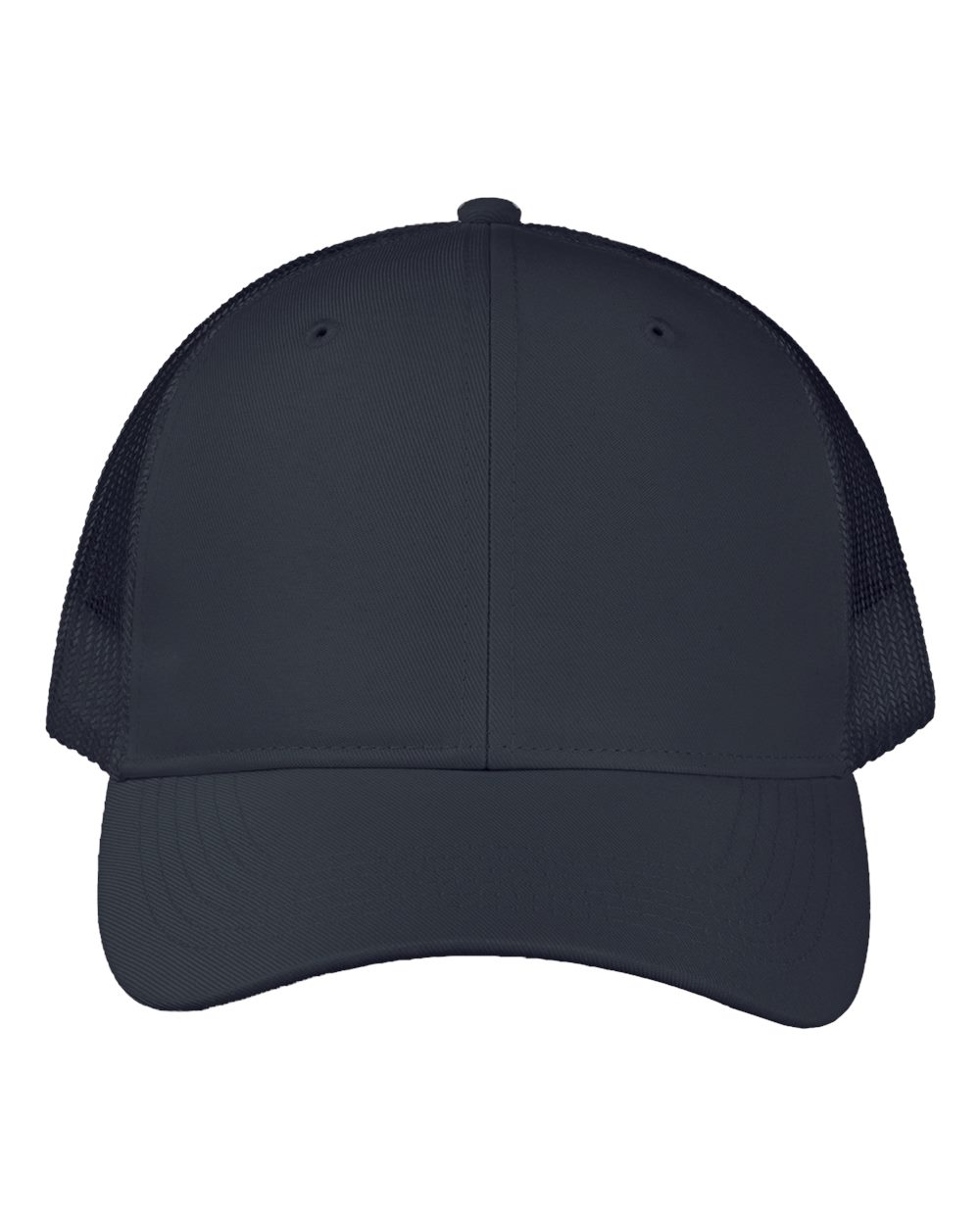 Front View of Navy Poly Twill Trucker Cap - VC955 plain
