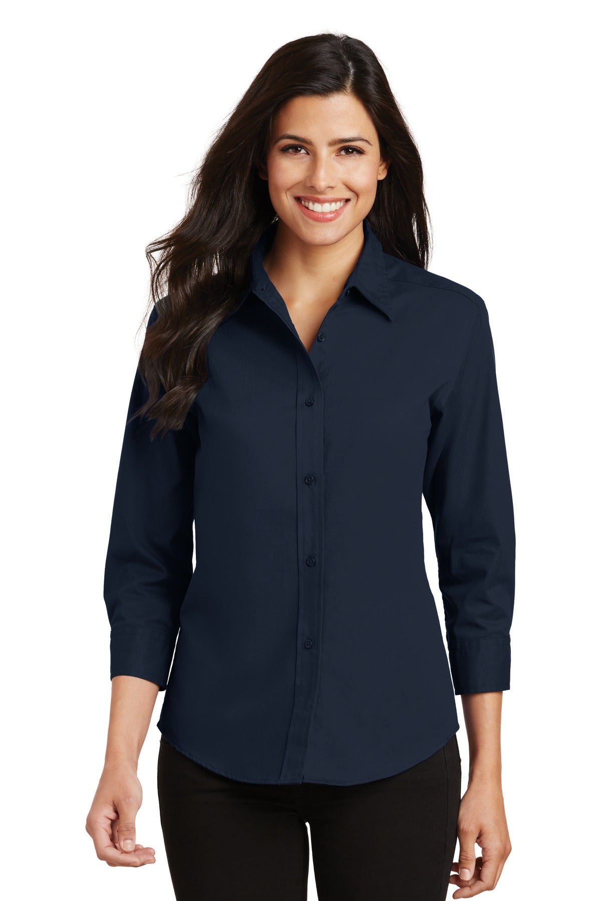 Front View of Navy Port Authority Women's 3/4-Sleeve Easy Care Shirt. L612