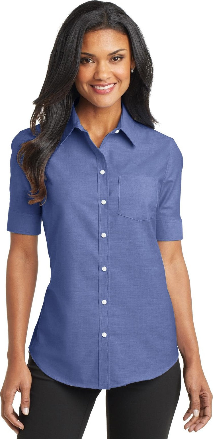 Front View of Navy Port Authority Women's Short Sleeve SuperPro Oxford Shirt. L659