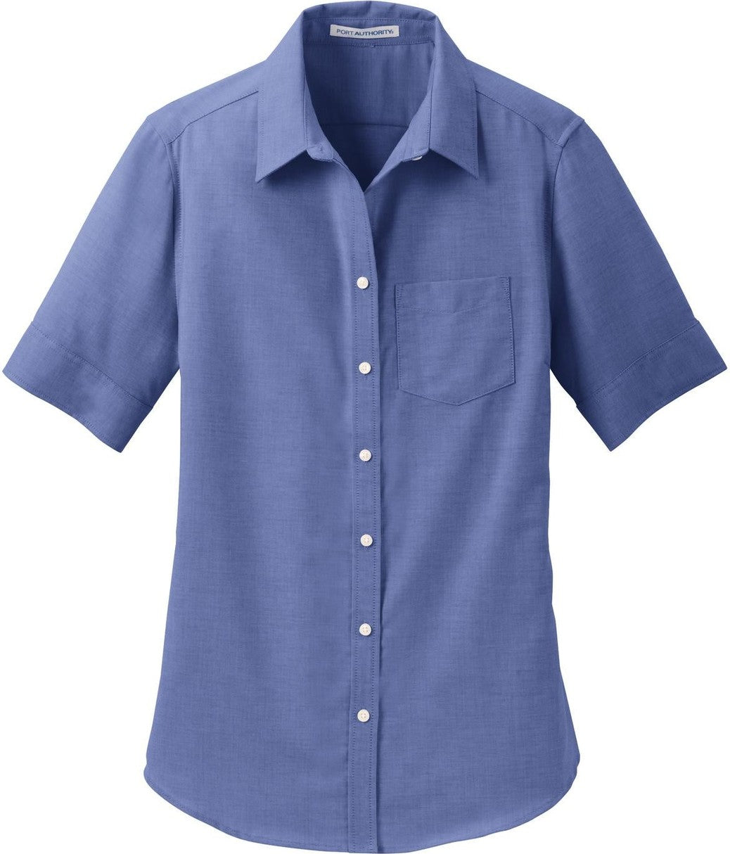 Front View of Navy Port Authority Women's Short Sleeve SuperPro Oxford Shirt. L659