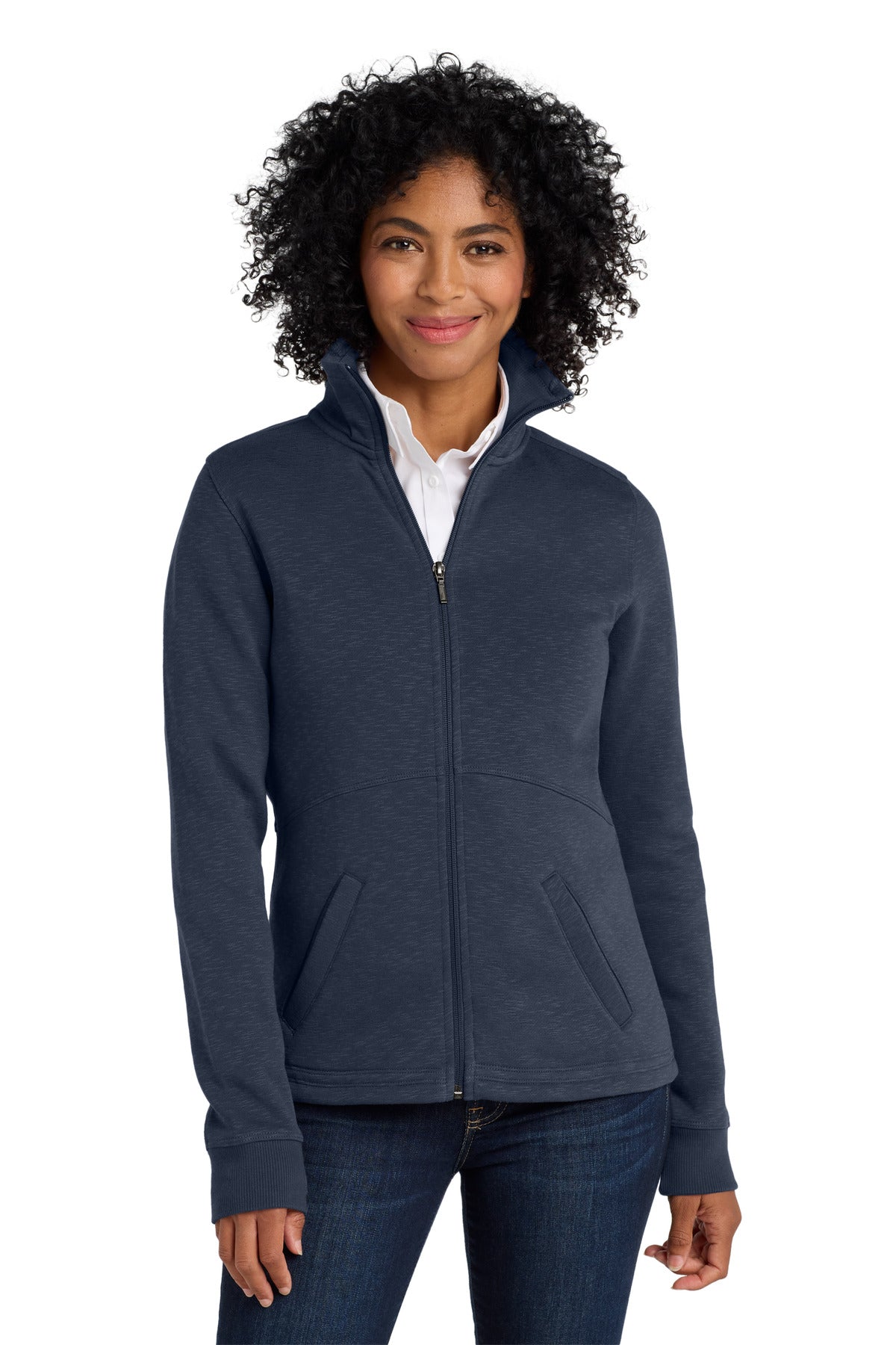 Front View of Navy Port Authority Women's Slub Fleece Full-Zip Jacket. L293