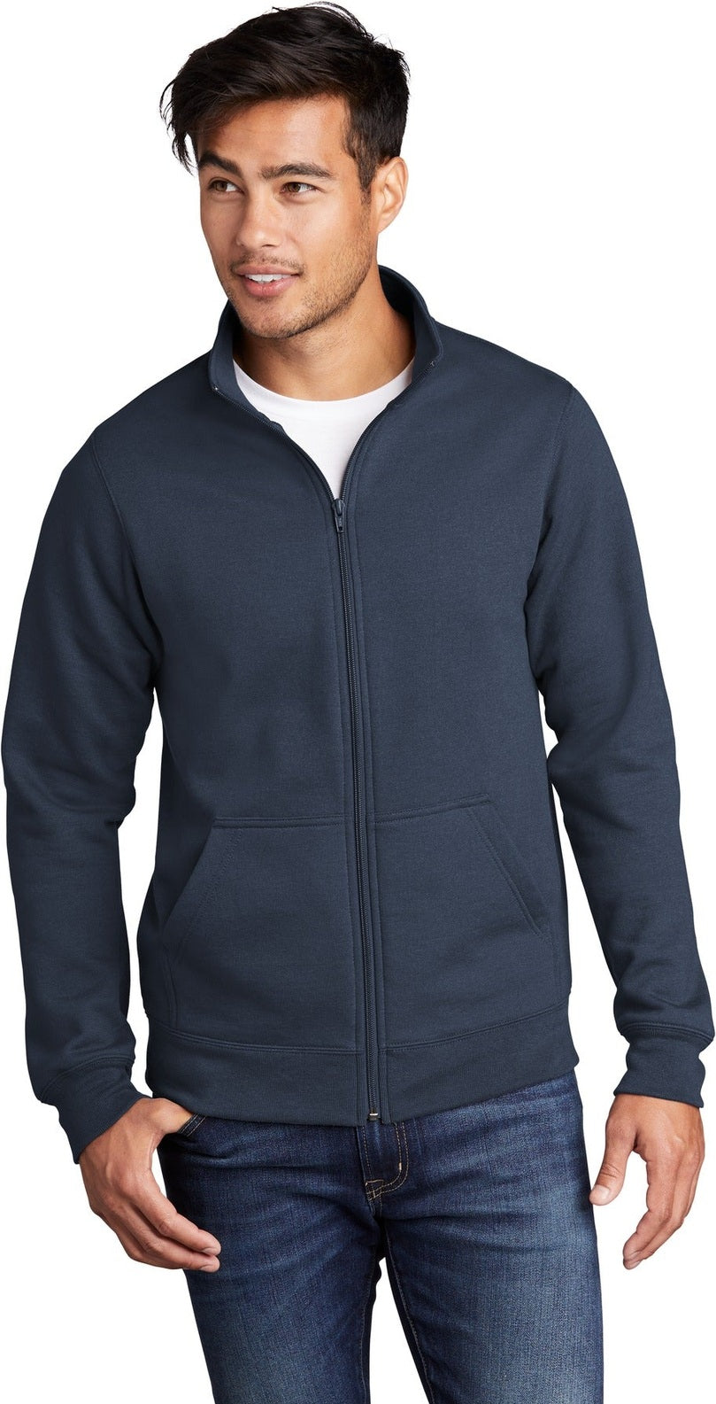 Front View of Navy Port & Co Core Fleece Cadet Full-Zip Sweatshirt PC78FZ