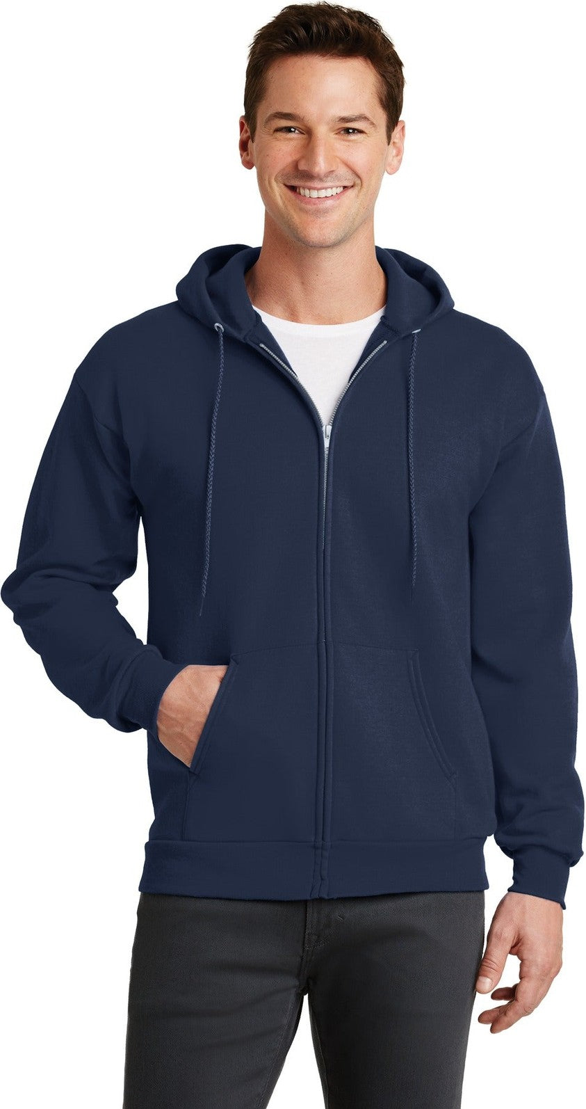 Front View of Navy Port & Co Core Fleece Full-Zip Hooded Sweatshirt. PC78ZH