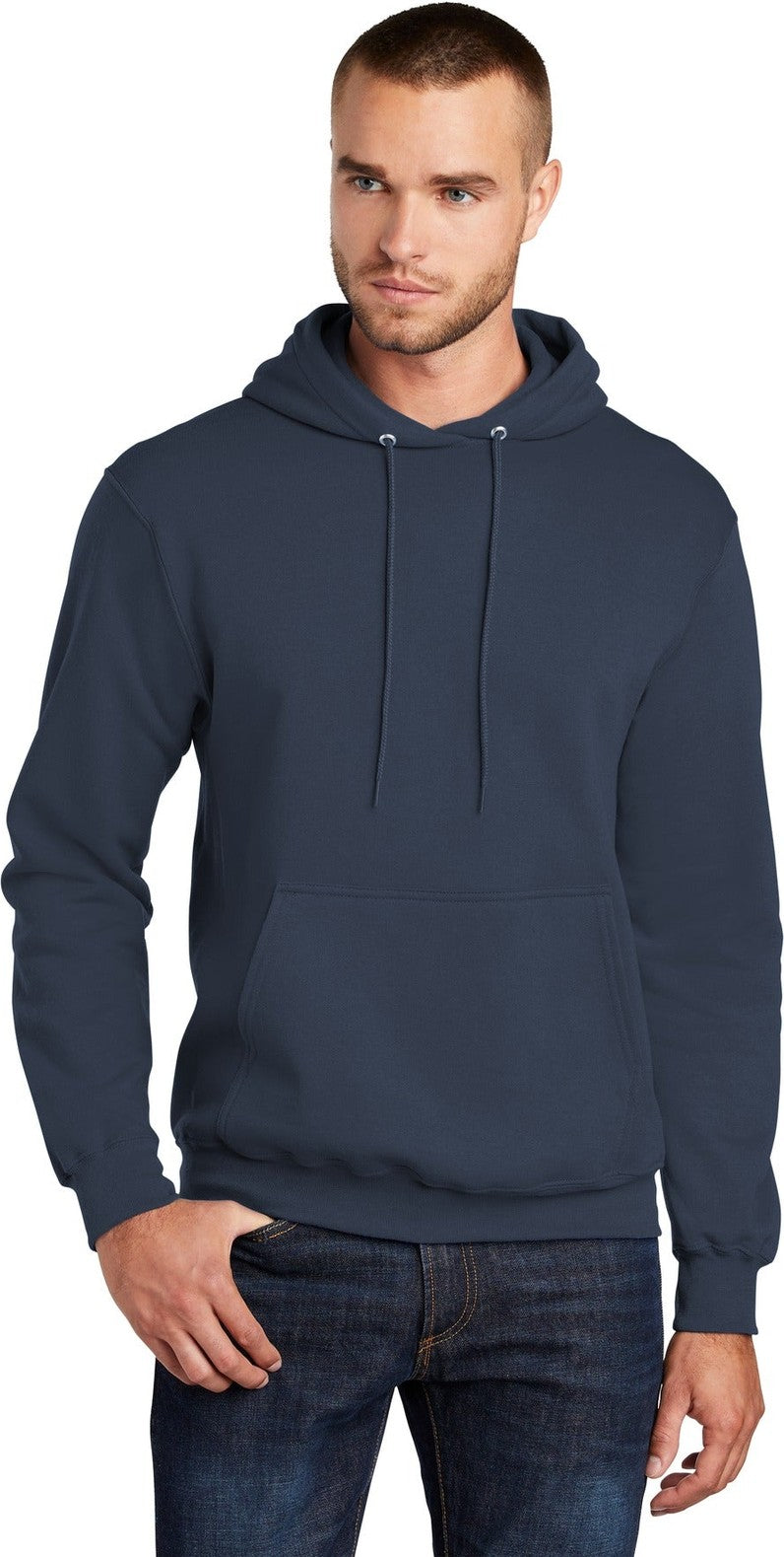 Front View of Navy Port & Co Core Fleece Pullover Hooded Sweatshirt. PC78H