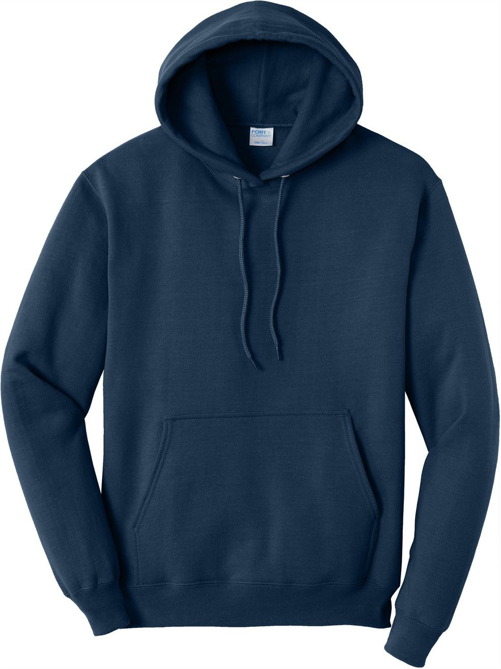 Front View of Navy Port & Co Core Fleece Pullover Hooded Sweatshirt. PC78H