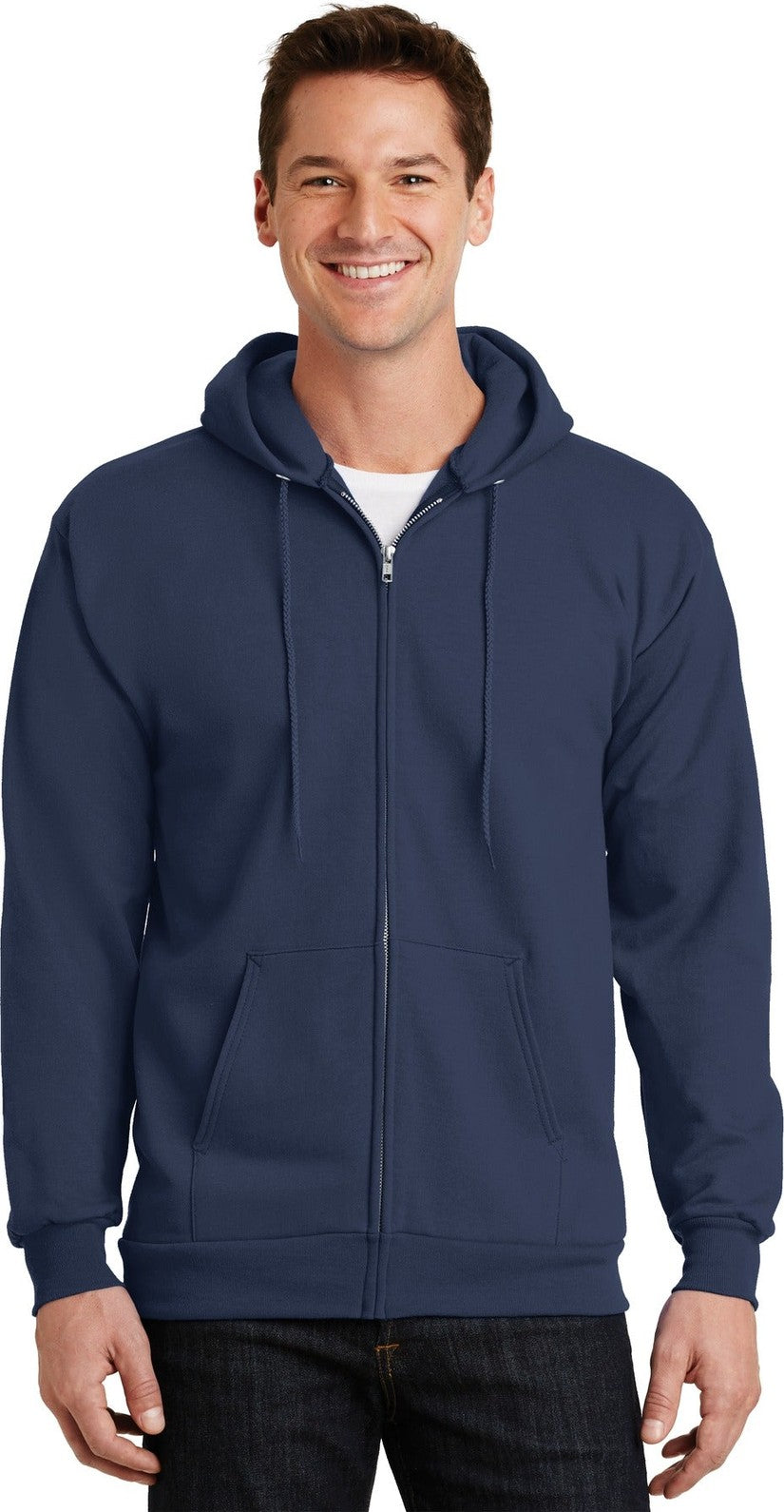 Front View of Navy Port & Co Essential Fleece Full-Zip Hooded Sweatshirt. PC90ZH