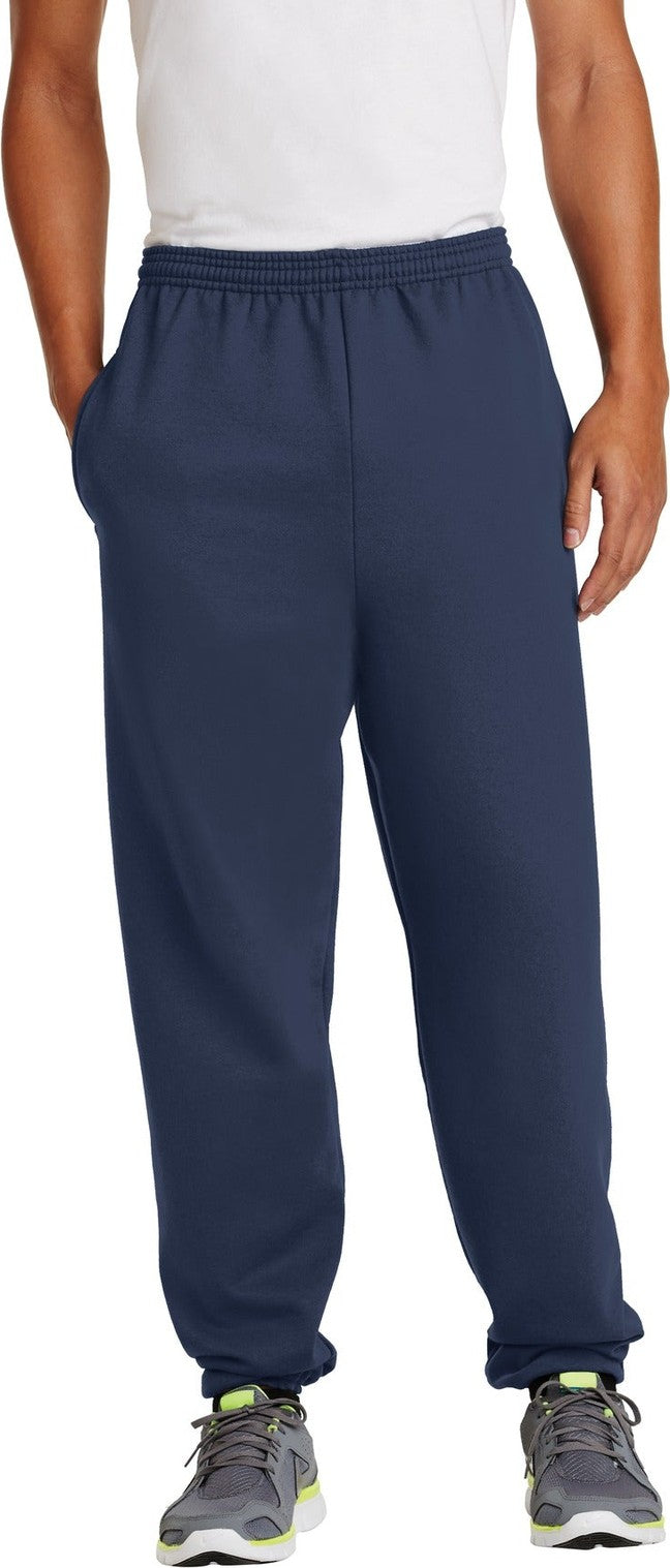 Front View of Navy Port & Co Essential Fleece Sweatpant with Pockets. PC90P