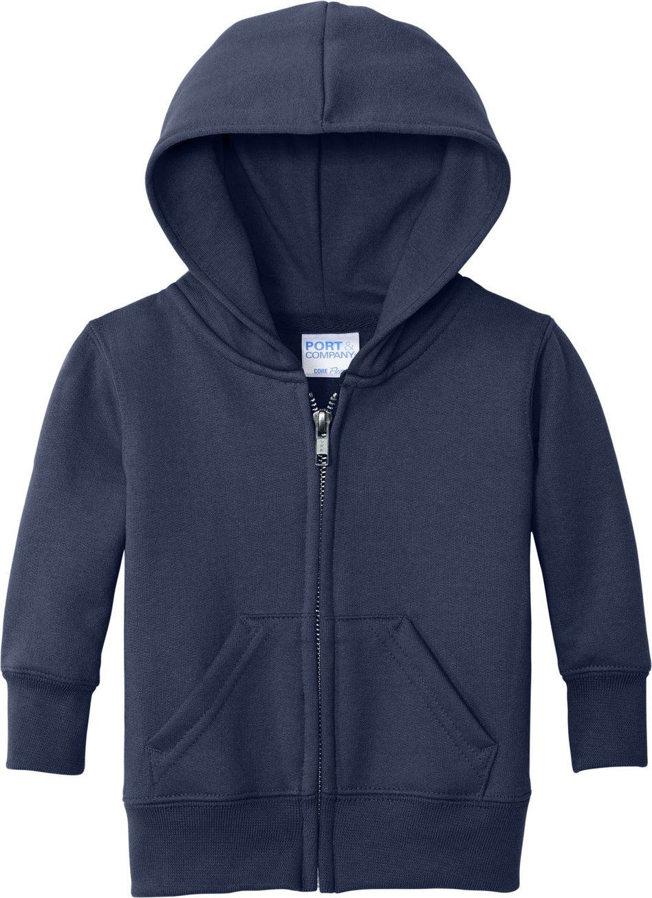 Front View of Navy Port & Co Infant Core Fleece Full-Zip Hooded Sweatshirt. CAR78IZH