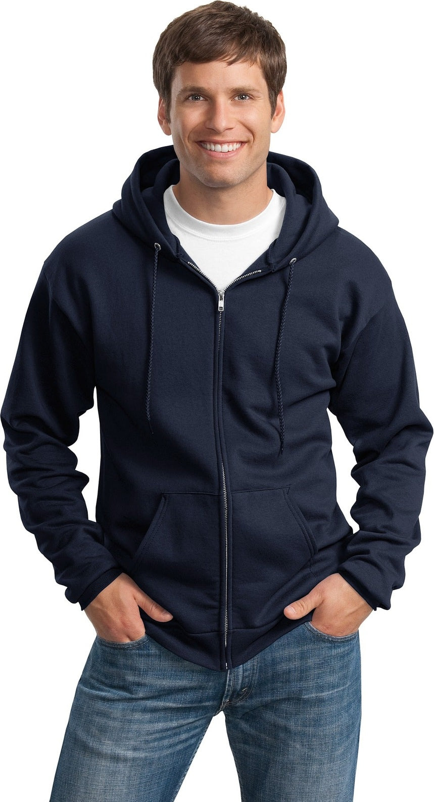 Front View of Navy Port & Co Tall Essential Fleece Full-Zip Hooded Sweatshirt. PC90ZHT