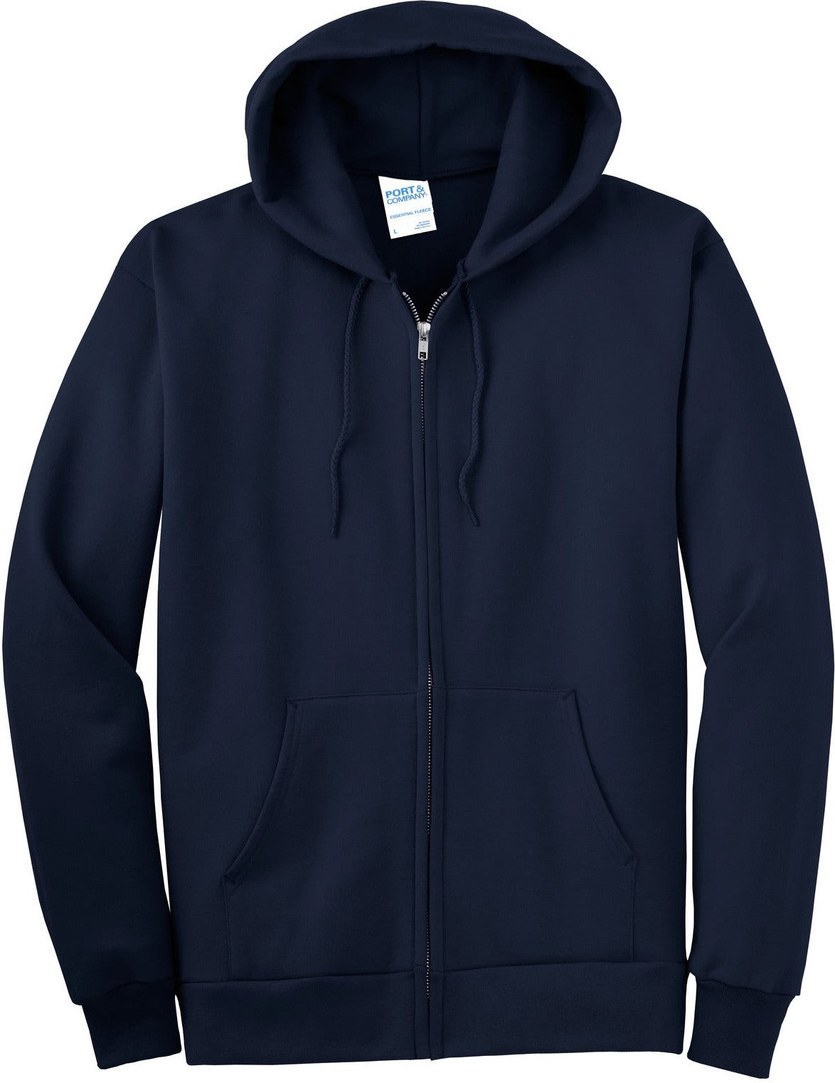 Front View of Navy Port & Co Tall Essential Fleece Full-Zip Hooded Sweatshirt. PC90ZHT