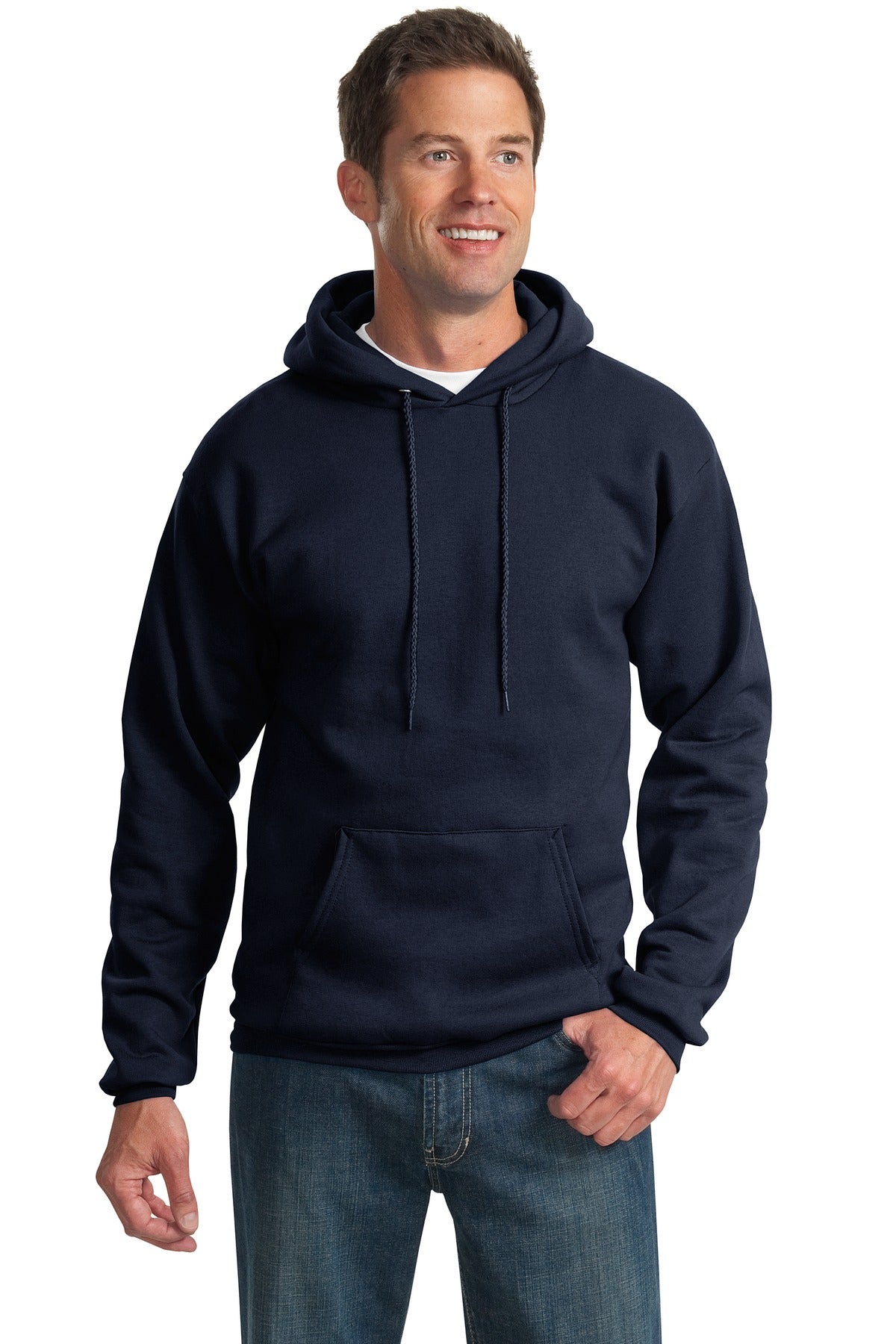Front View of Navy Port & Co Tall Essential Fleece Pullover Hooded Sweatshirt. PC90HT